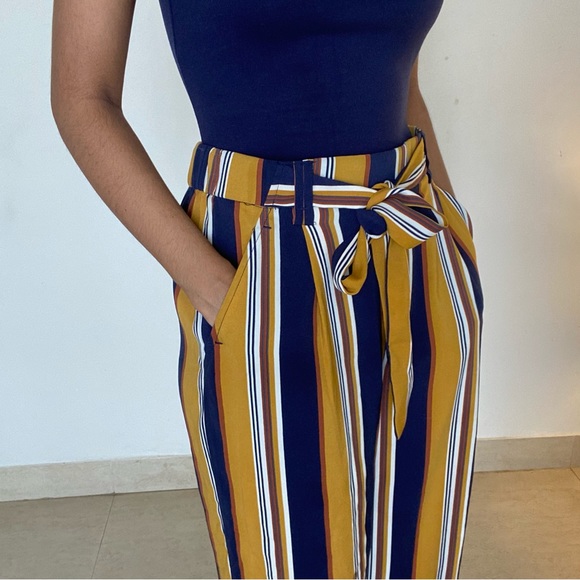 Zara Culotte wide leg trousers, mustard Yellow with navy brown white stripes - Picture 3 of 6